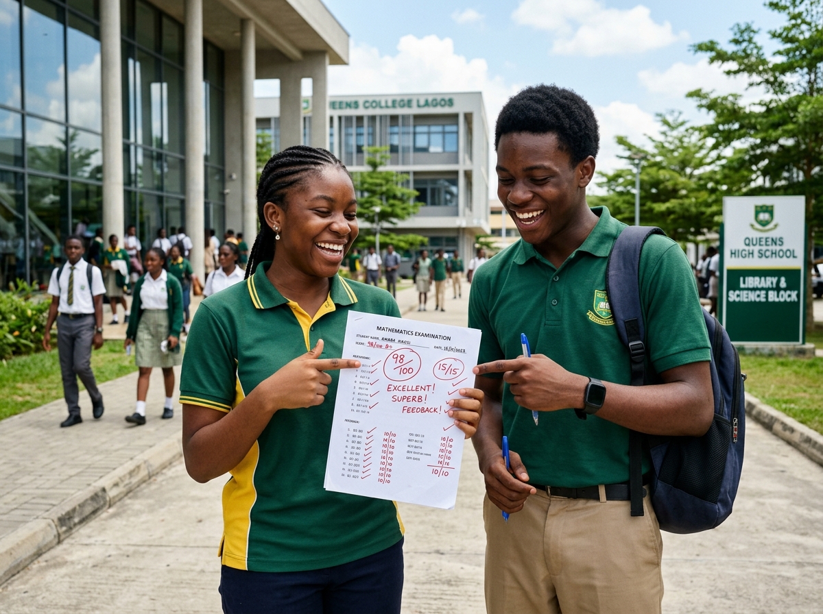 Students reviewing high scoring exam feedback with confident smiles