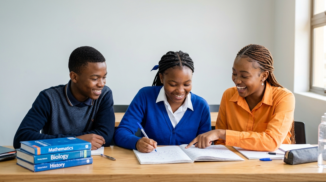 Three students practising together with blue books and orange study clothing
